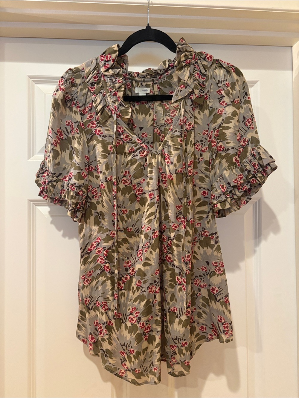 Odille Anthropologie Olive and Pink Floral Ruffle Tie-Neck Blouse